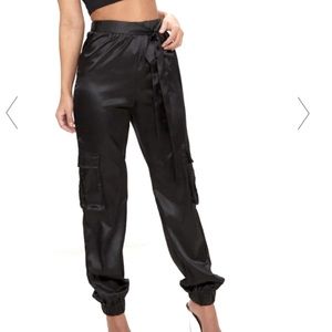 PrettyLittleThing Black Satin Cargo Trousers - NWT